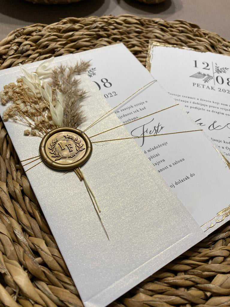 Minimalist Wedding Invitation in White with Wax Seal