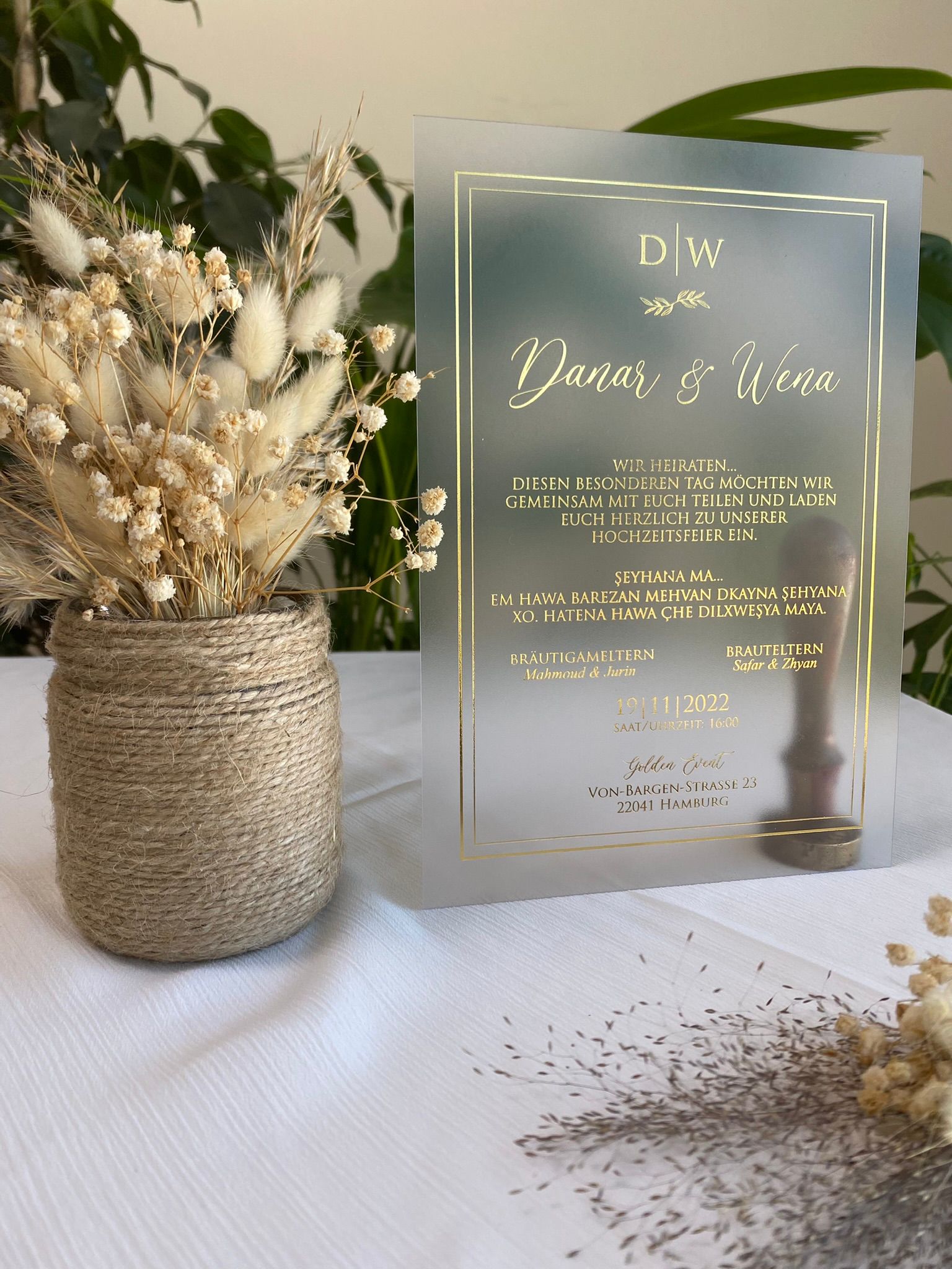 Luxus Acryl Hochzeitskarte mit getrockneten Blumen