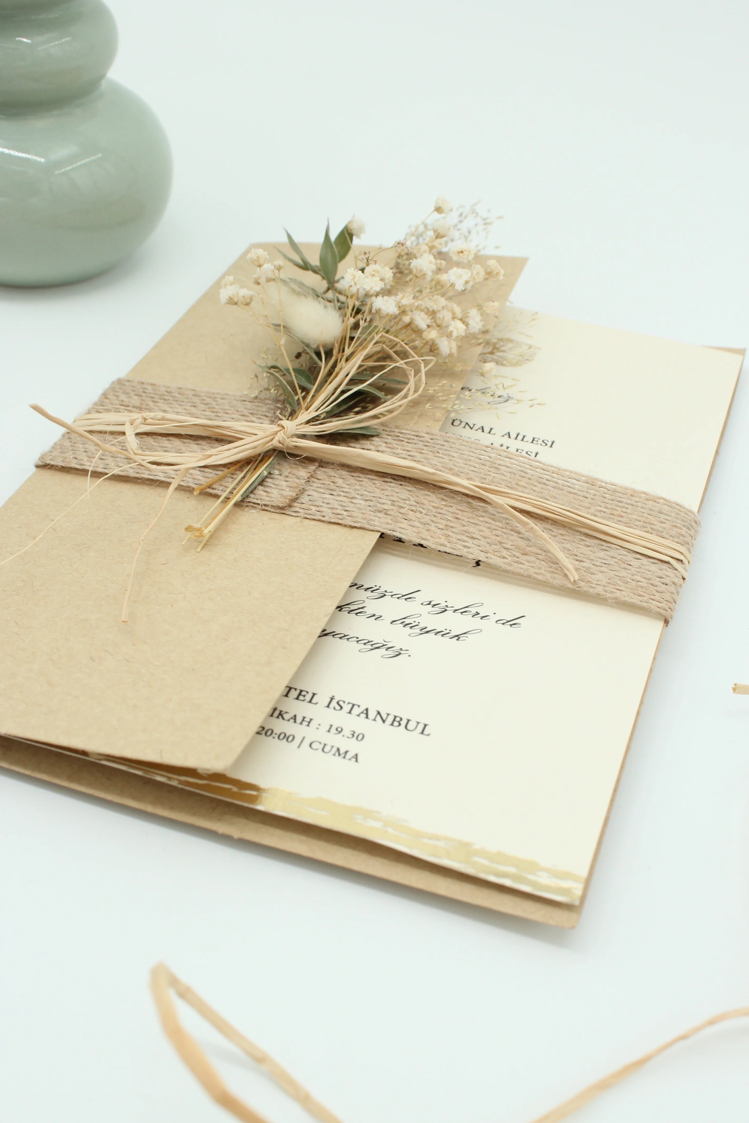 Botanical Wedding Invitation in Beige with Dried Flowers