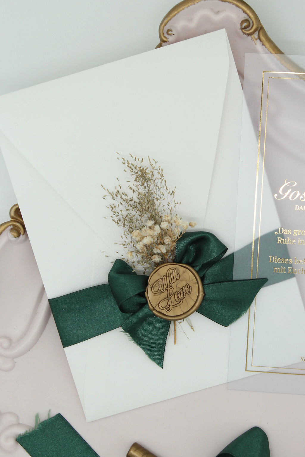Botanical Wedding Invitation in White with Leaf Motif