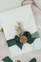 Botanical Wedding Invitation in White with Leaf Motif