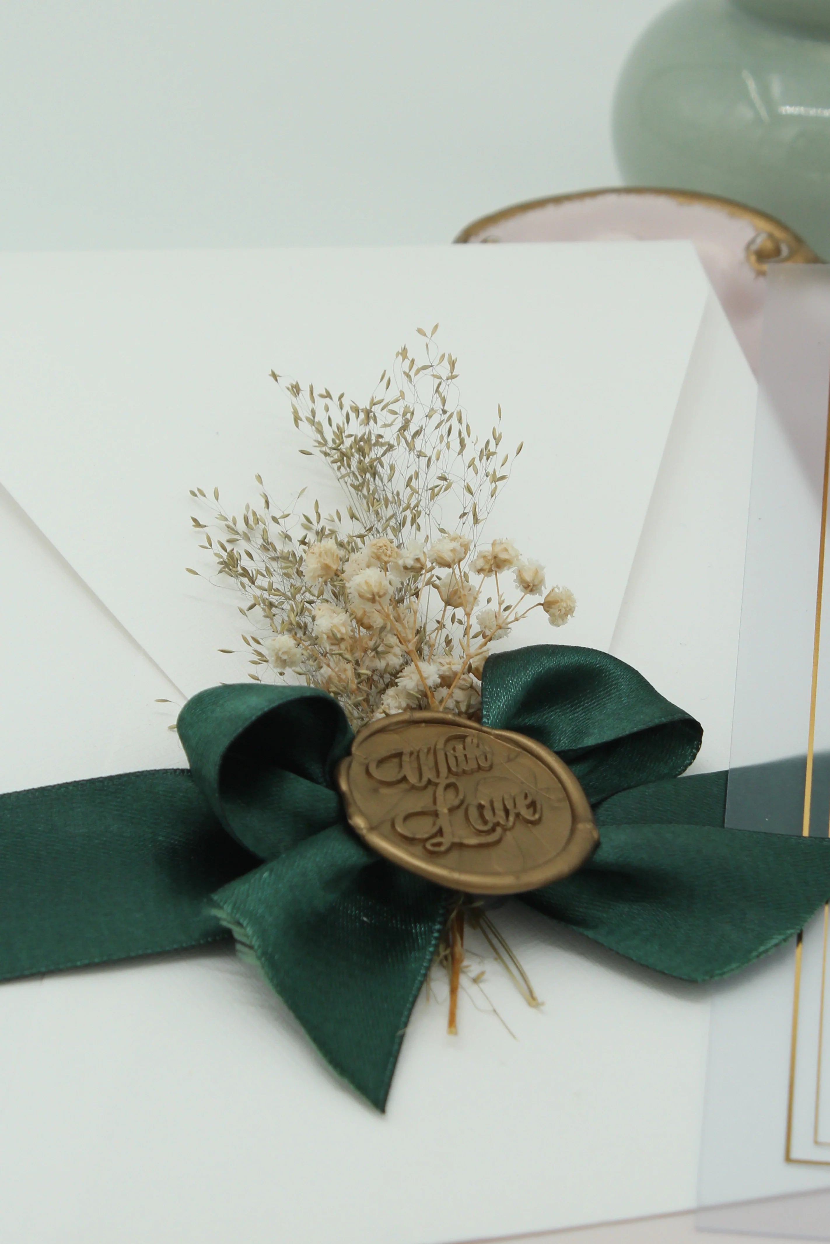 Botanical Wedding Invitation in White with Leaf Motif