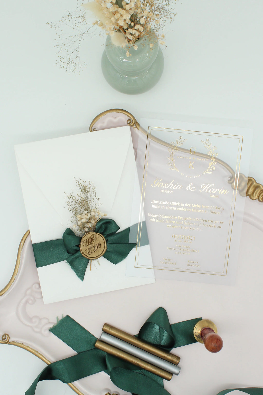 Botanical Wedding Invitation in White with Leaf Motif