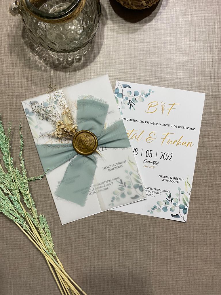 Botanical Wedding Invitation in Sage Green with Wax Seal