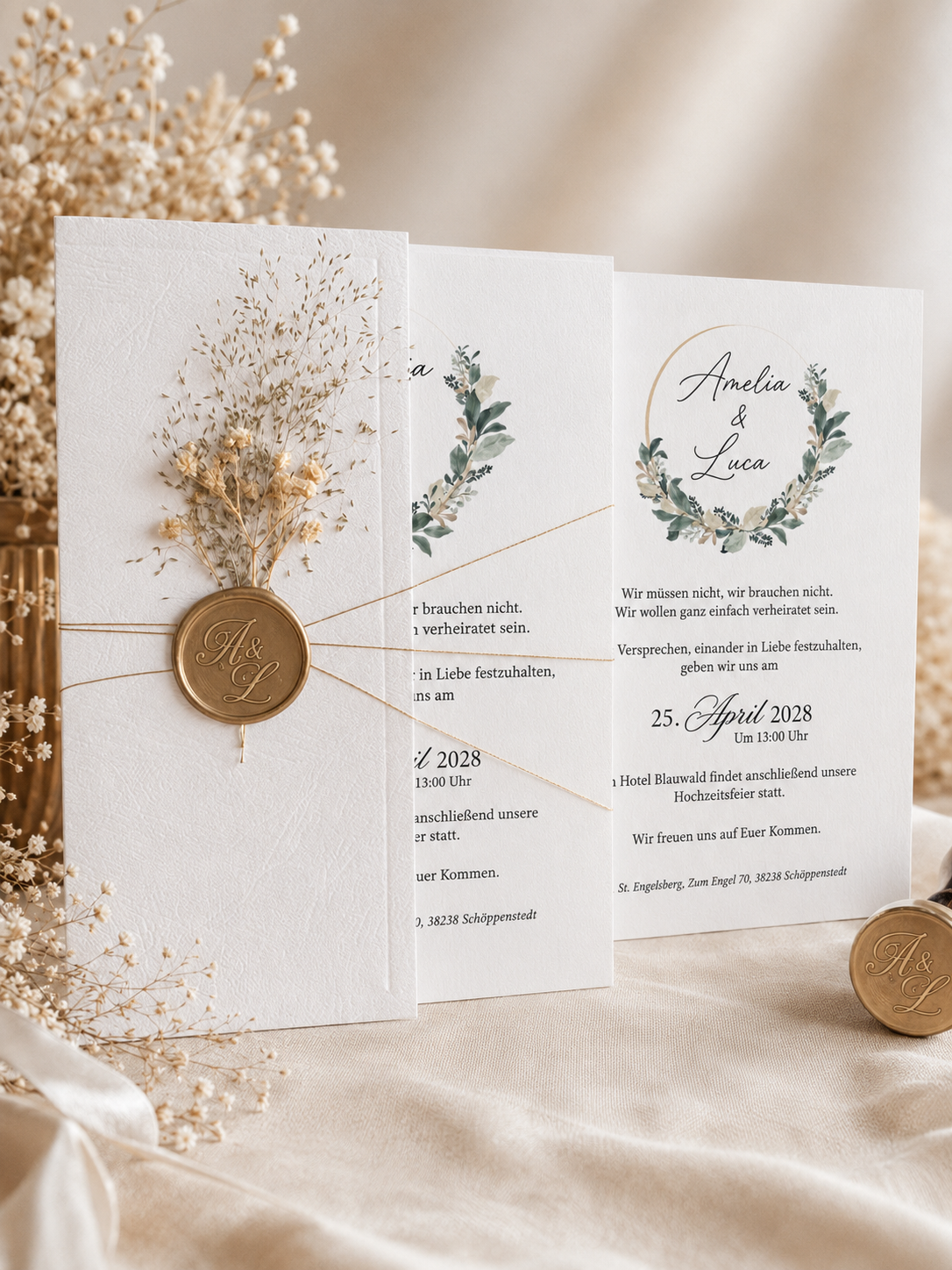 Botanische Hochzeitskarte in Weiß mit Wachssiegel