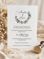 Invitation de mariage botanique en blanc avec sceau de cire