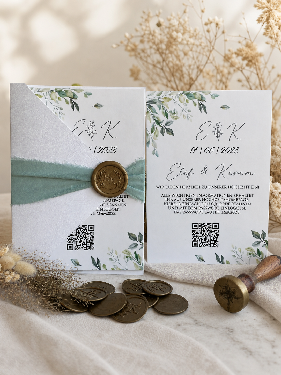 Botanische Hochzeitskarte mit Wachssiegel