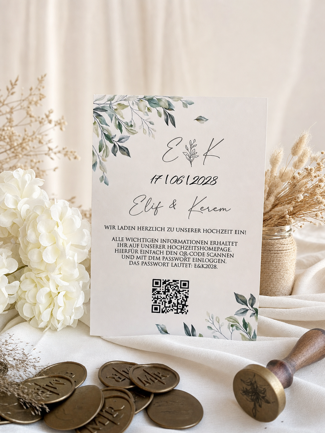 Invitation de mariage botanique avec sceau de cire