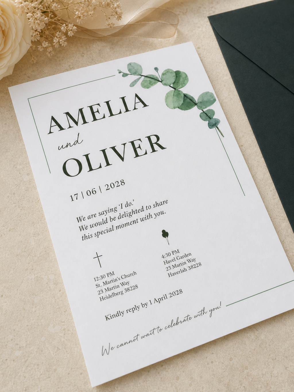 Invitation de mariage classique en vert foncé