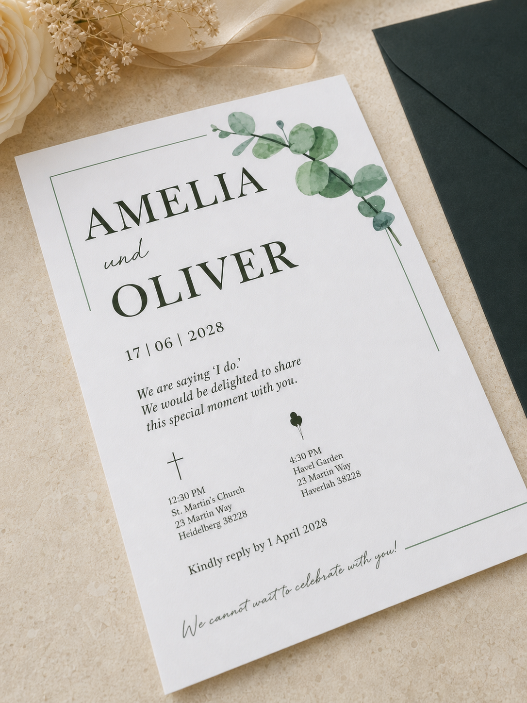 Invitation de mariage classique en vert foncé