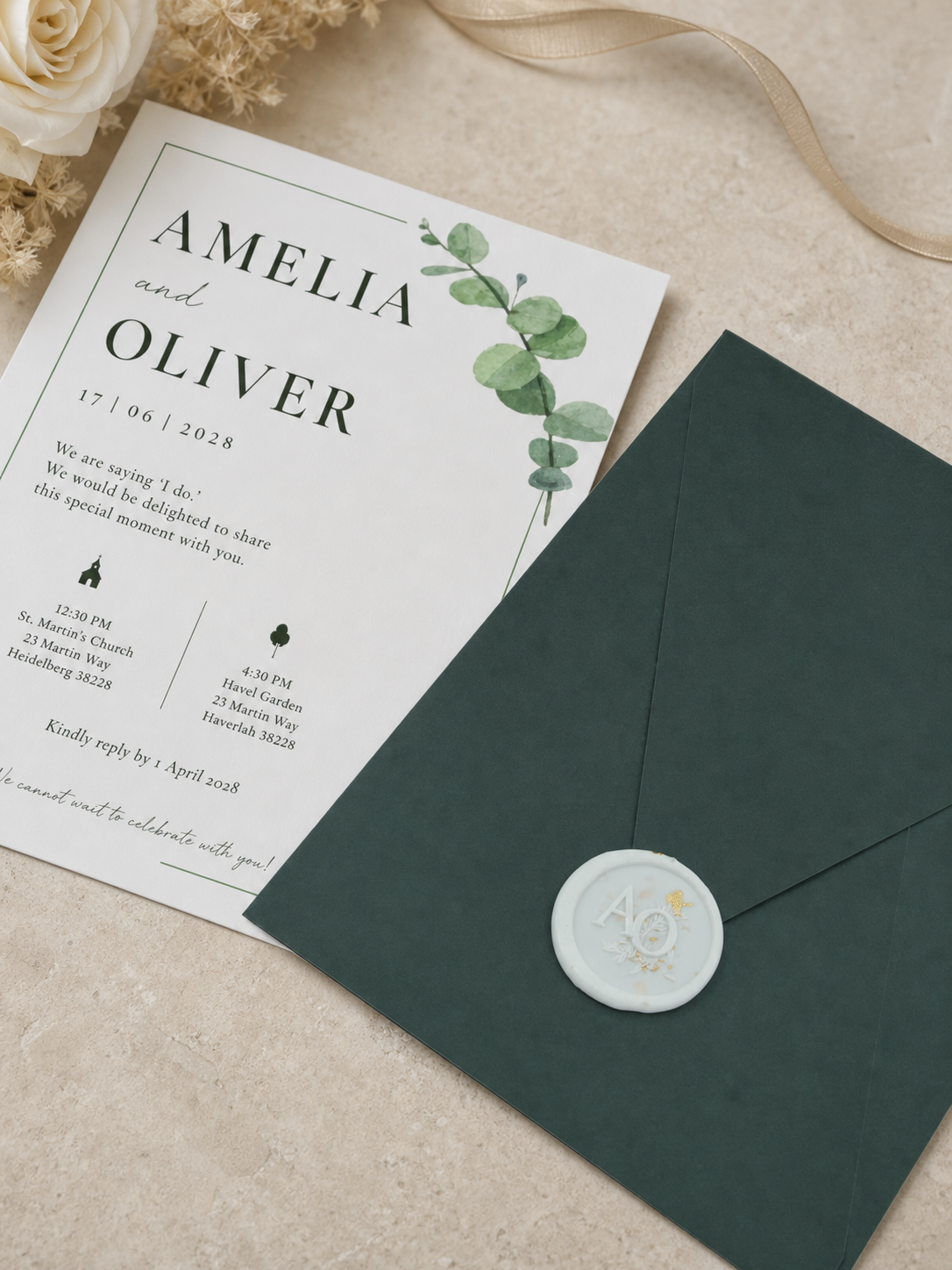 Invitation de mariage classique en vert foncé