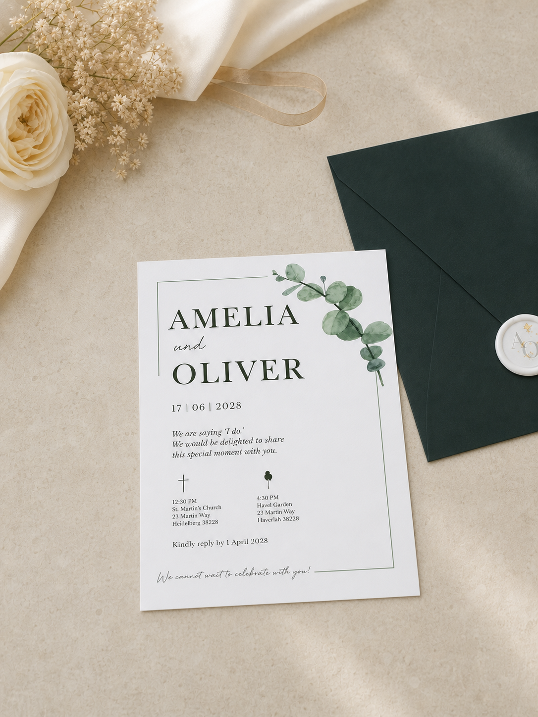 Invitation de mariage classique en vert foncé