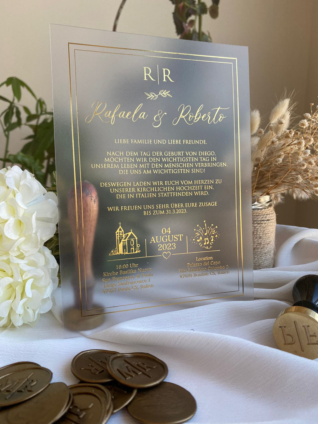 Invitation de mariage de luxe en vert foncé avec accents dorés