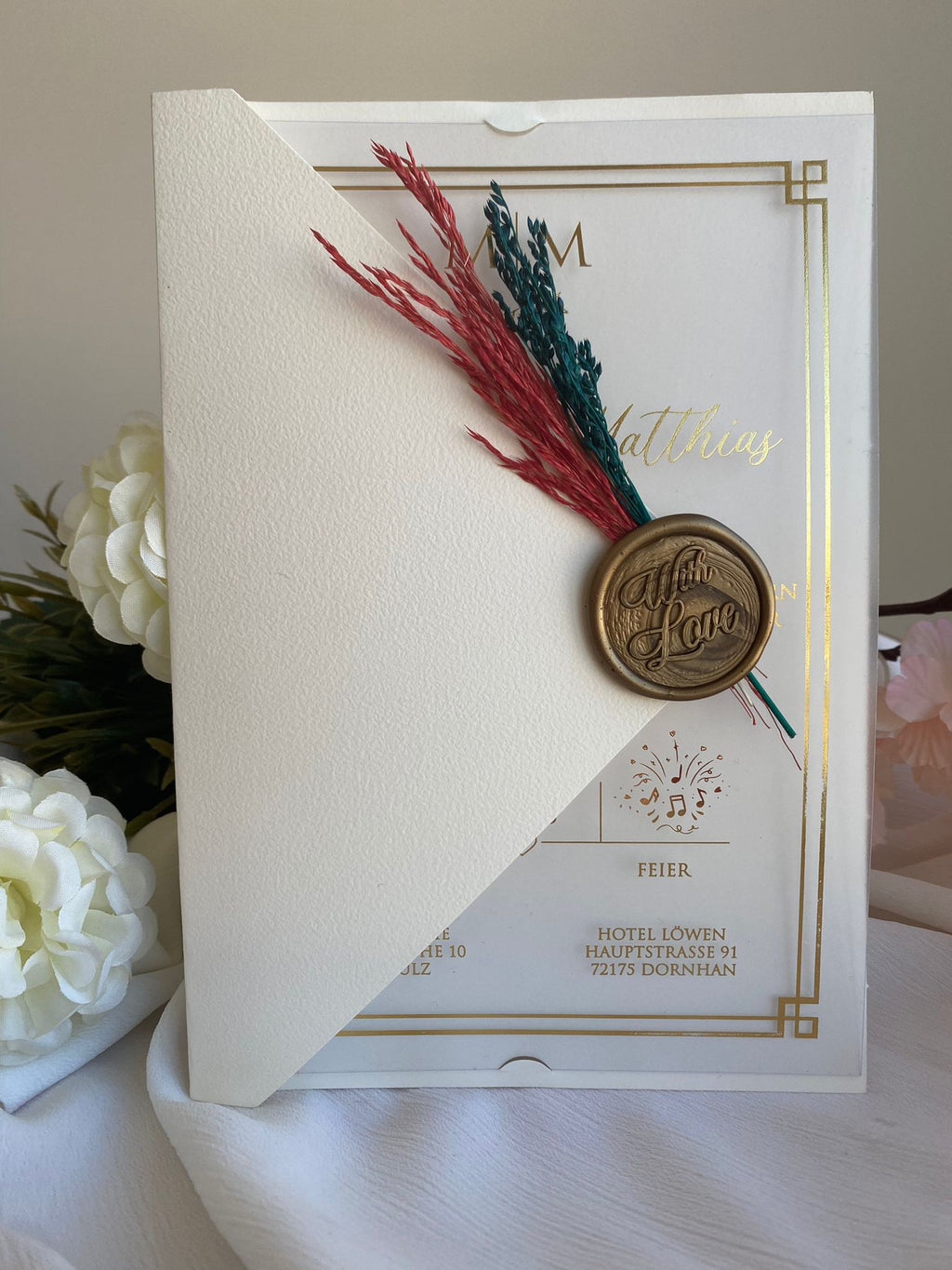 Luxus Acryl Hochzeitskarte mit getrockneten Blumen