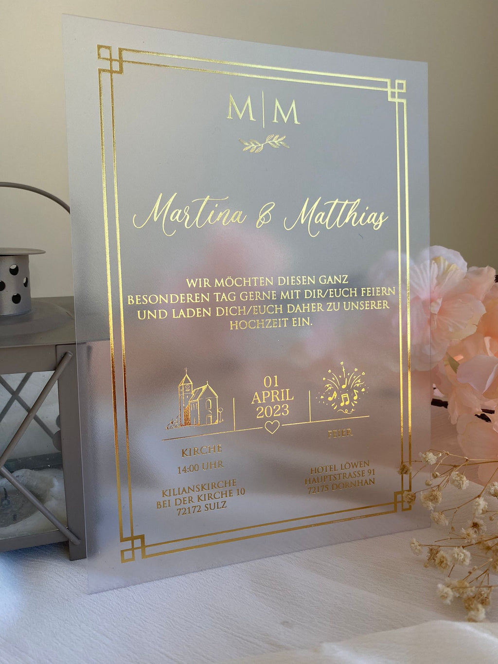 Luxus Acryl Hochzeitskarte mit getrockneten Blumen