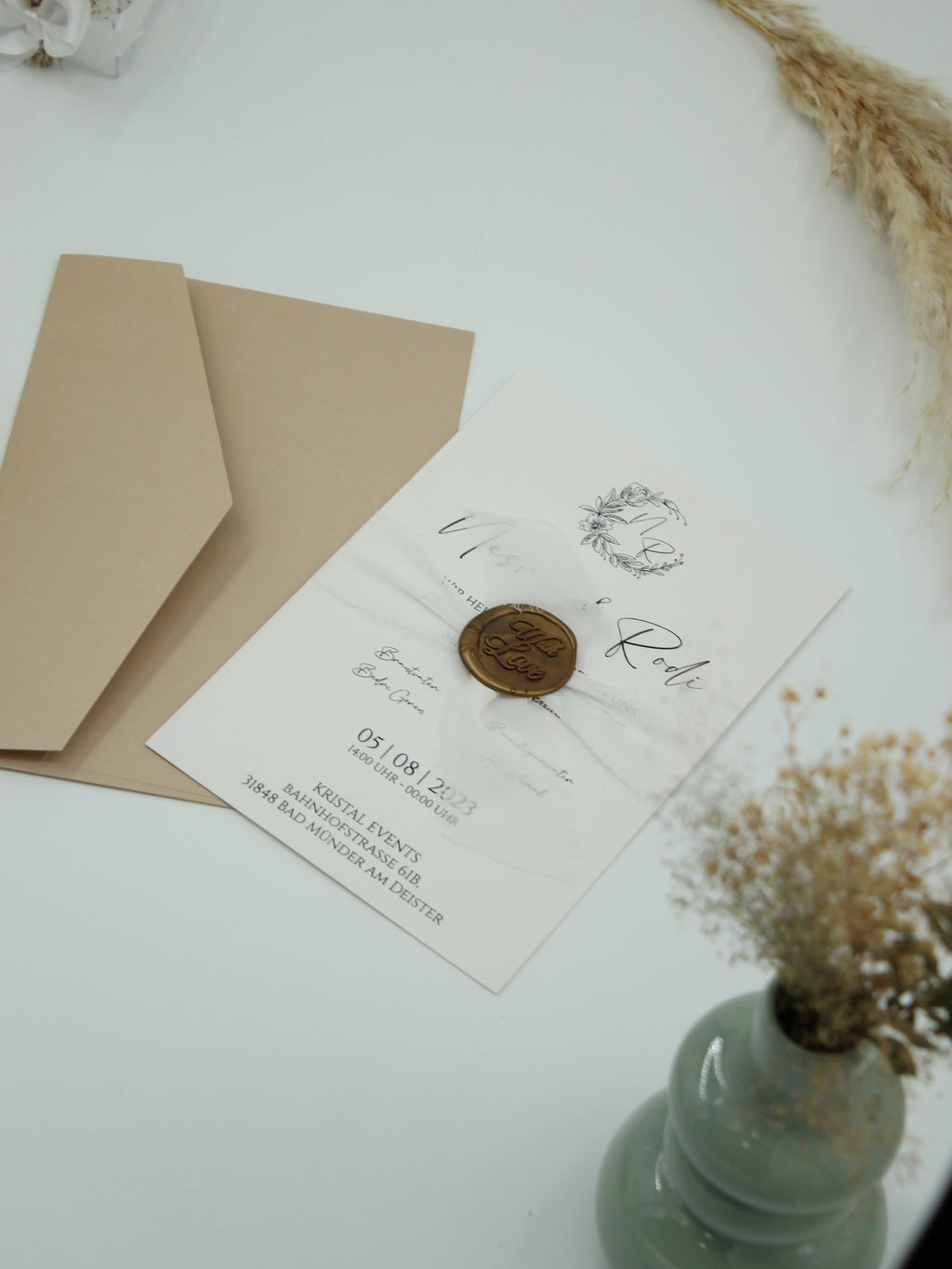 Vintage Wedding Invitation in White with Kraft Paper
