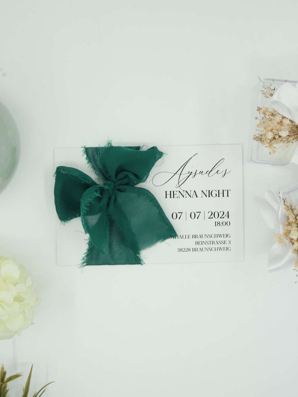 Modern Henna Card in White with Dark Green Bow