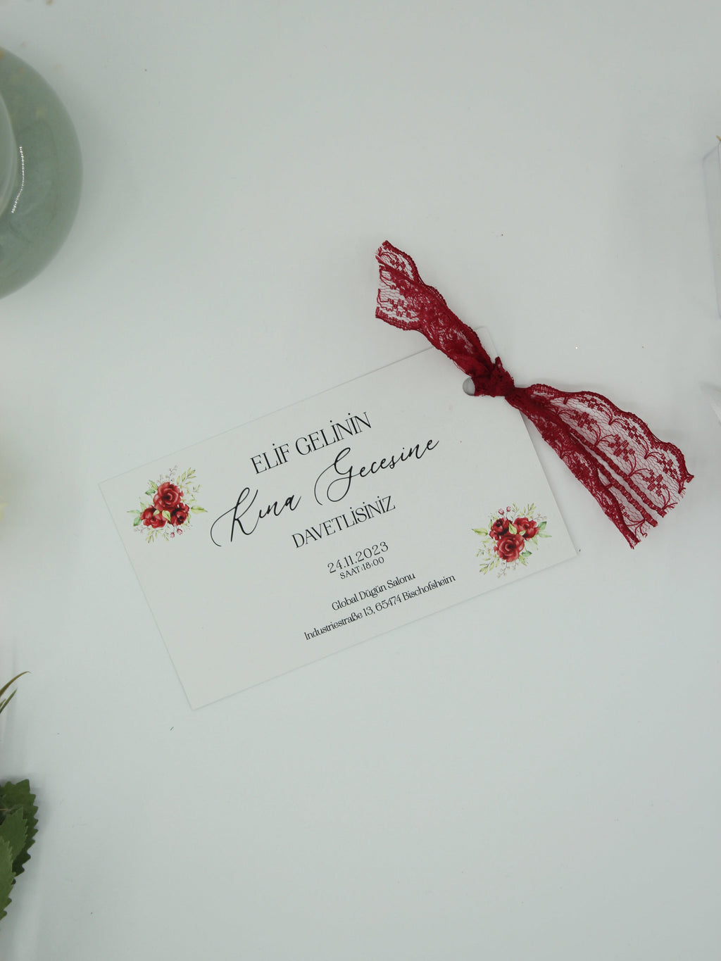 Romantic Henna Card in White with Wine Red Tassel