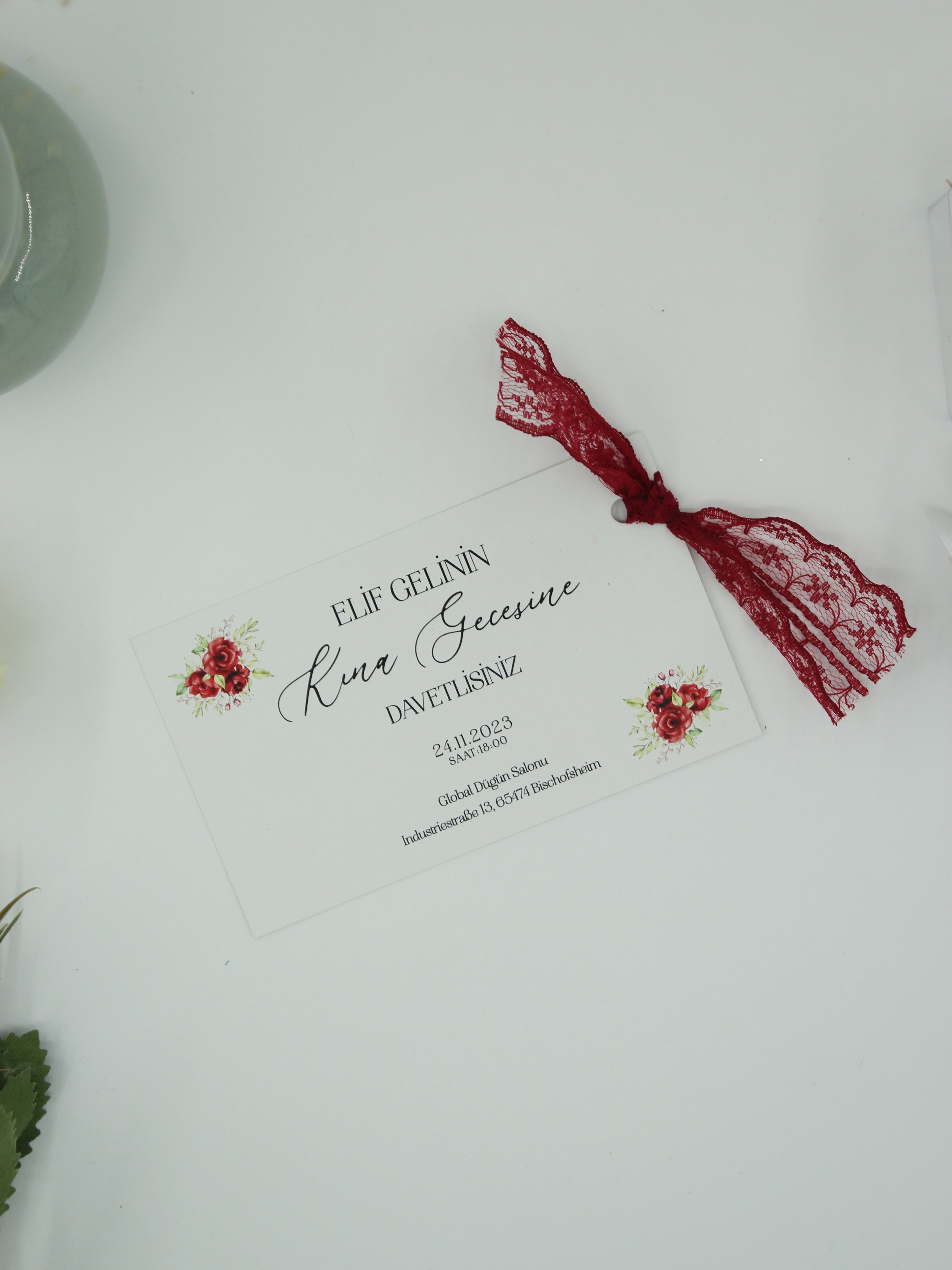 Romantic Henna Card in White with Wine Red Tassel