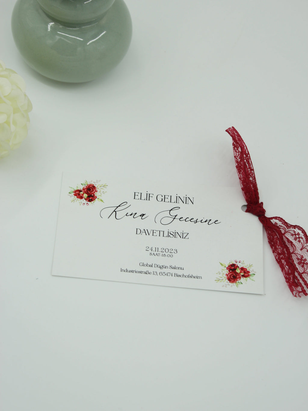 Romantic Henna Card in White with Wine Red Tassel