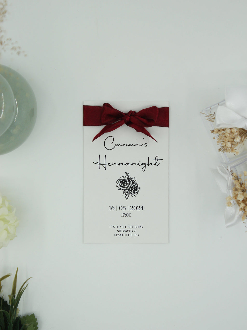Romantic Henna Card in White with Wine Red Bow