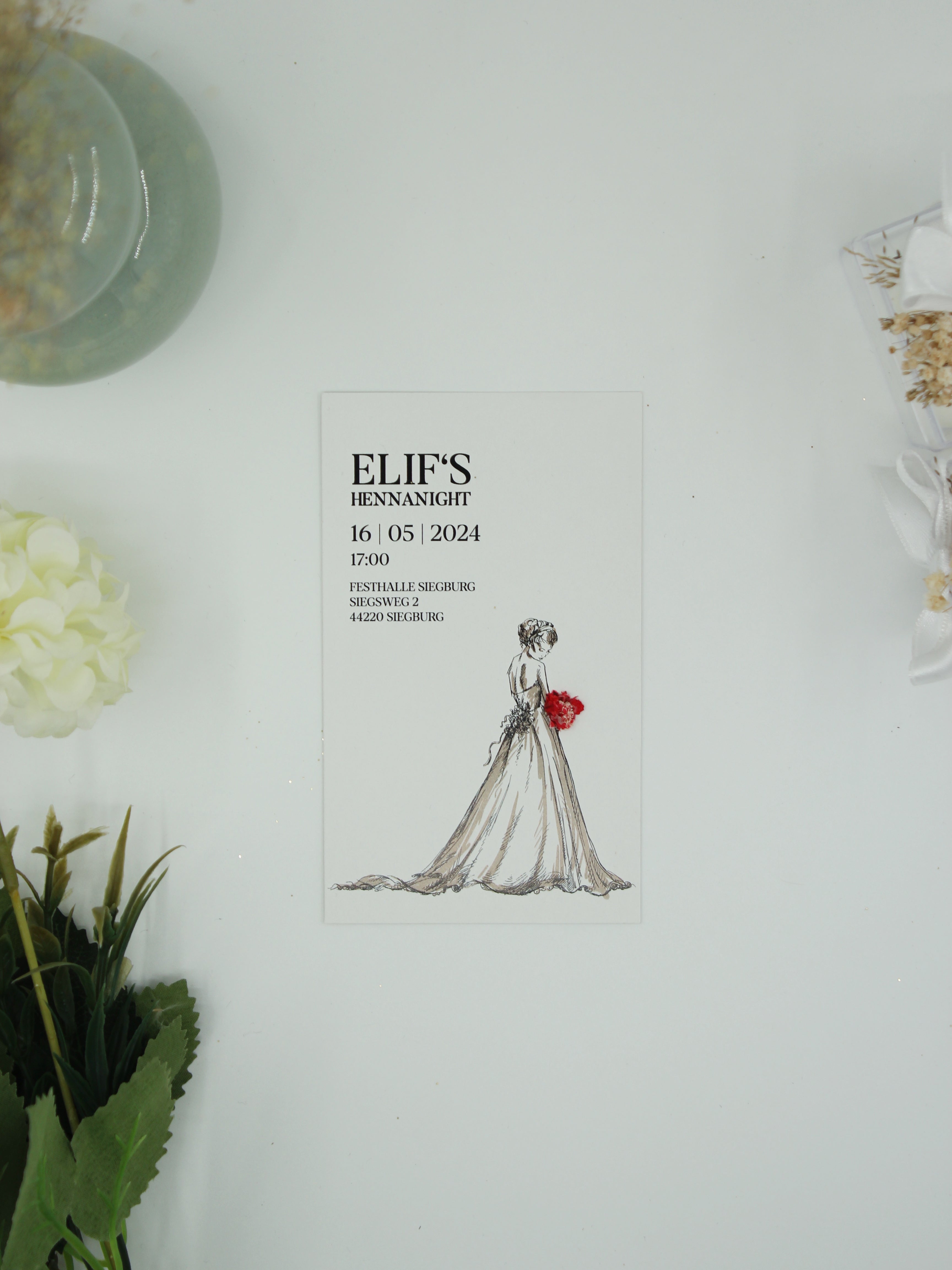 Modern Henna Card in White with Bride Illustration