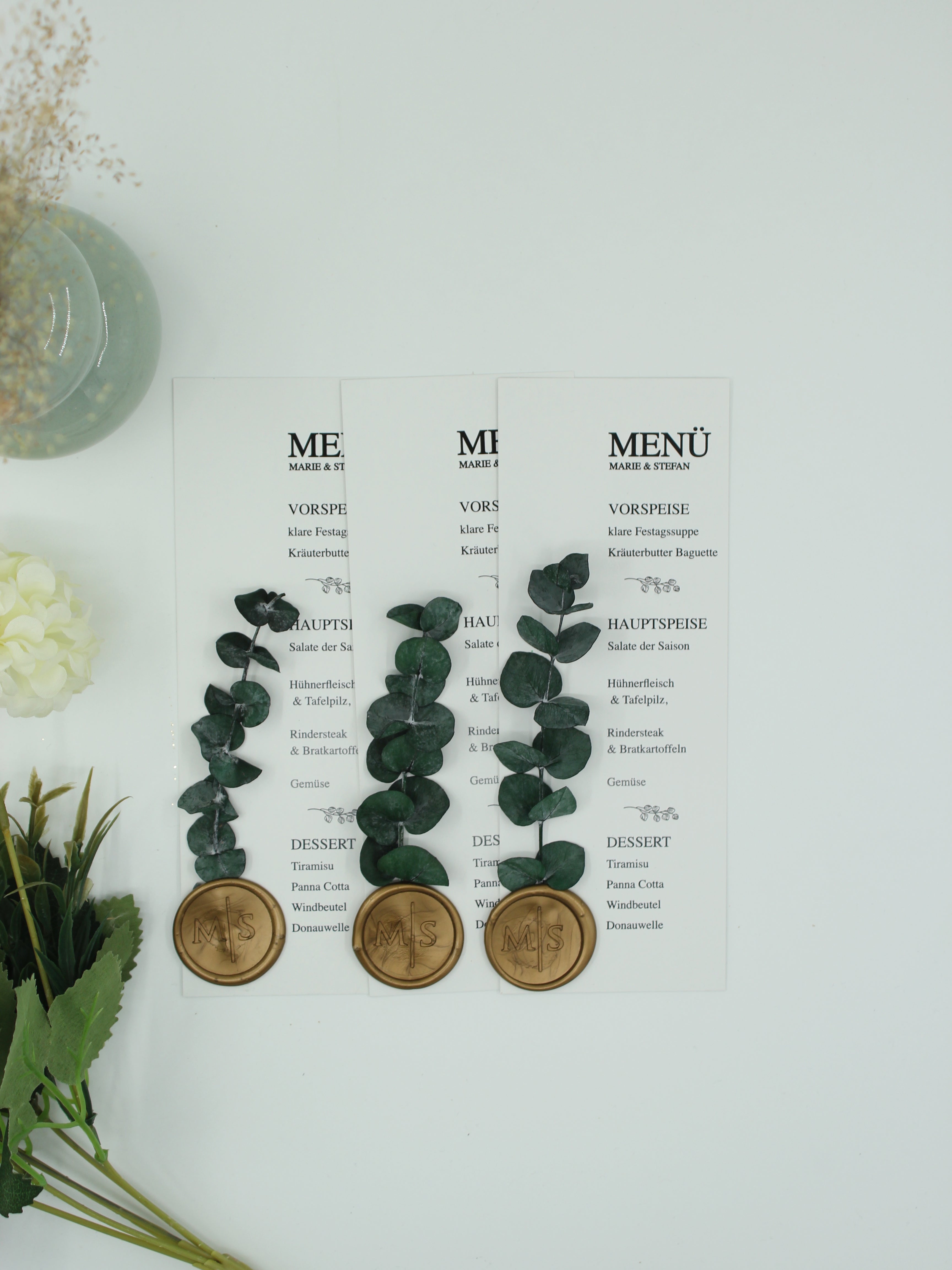 Botanical Menu Card in White with Gold Wax Seal