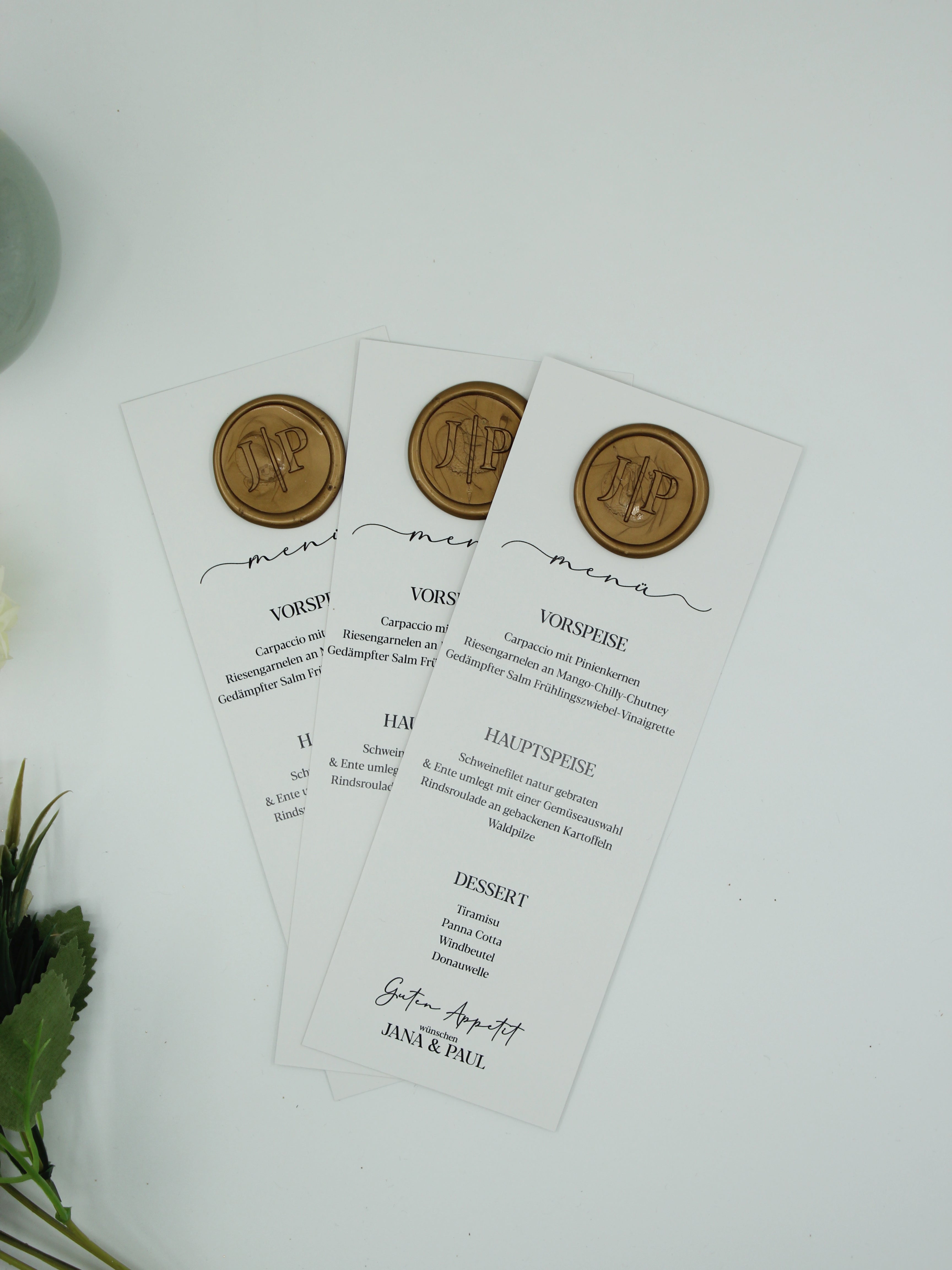 Luxury Menu Card in White with Gold Wax Seals