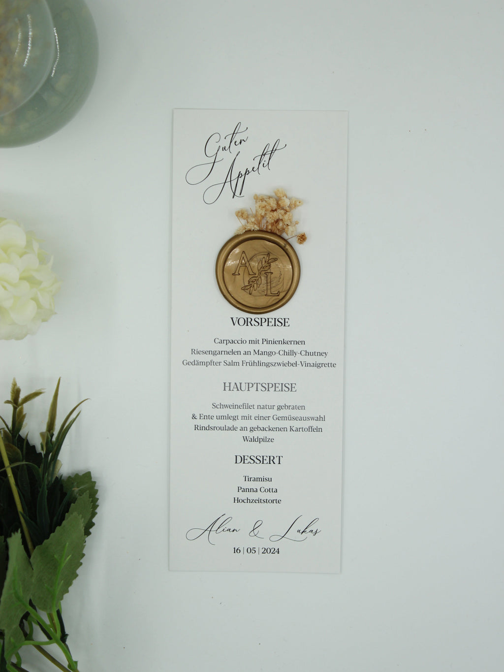 Classic Menu Card in White with Gold Wax Seal