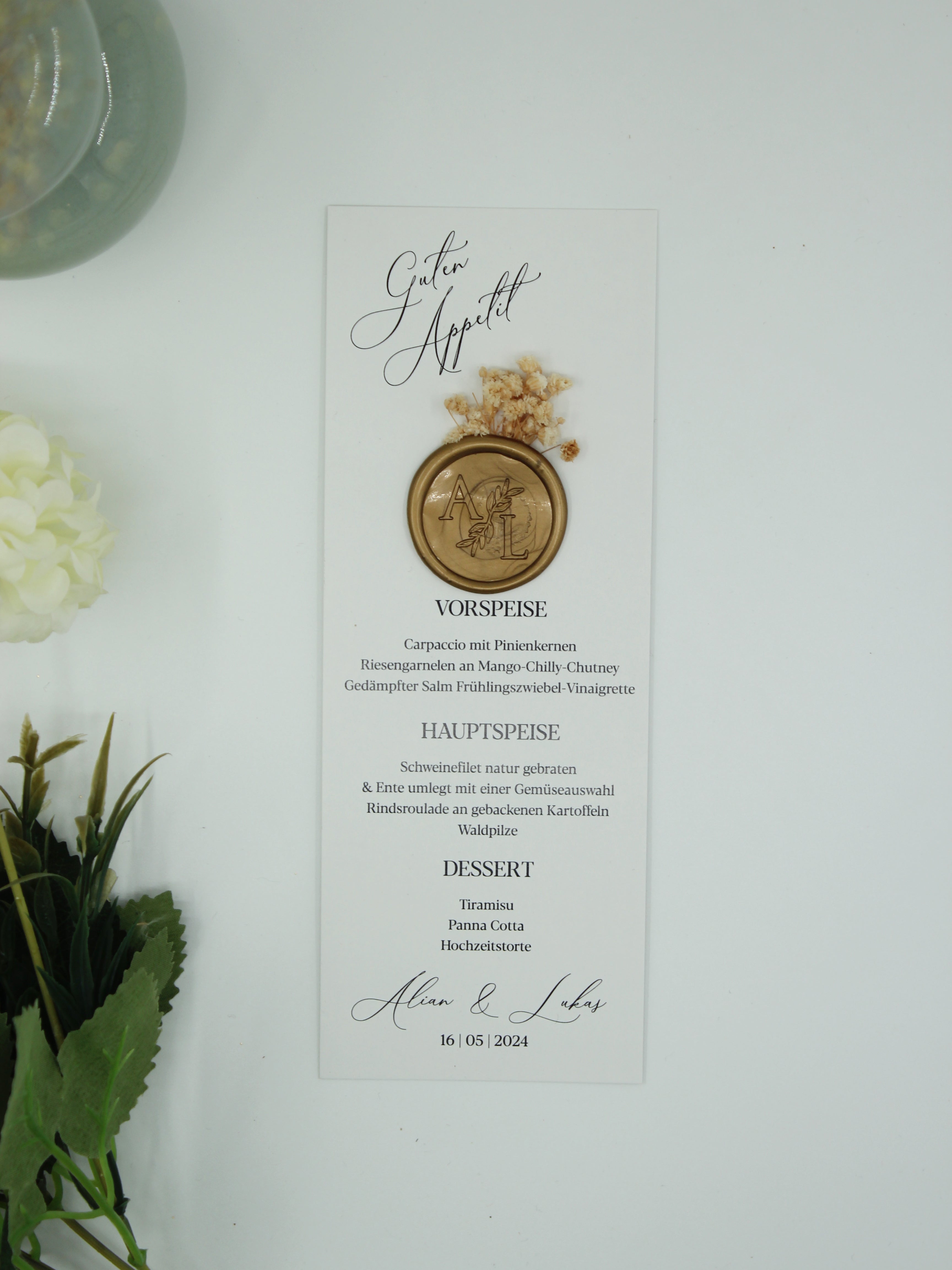 Classic Menu Card in White with Gold Wax Seal