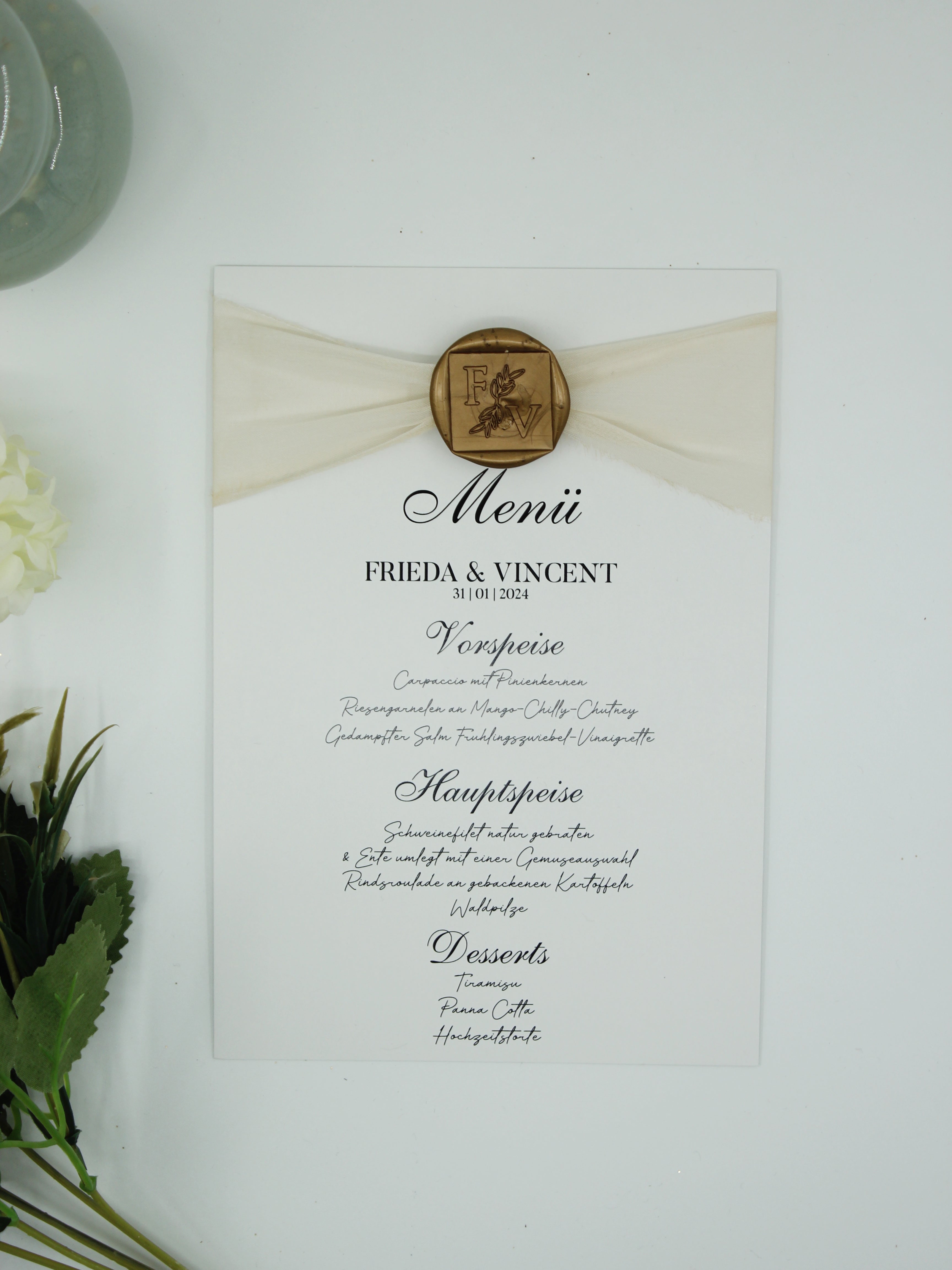 Elegant Menu Card in White with Gold Wax Seal