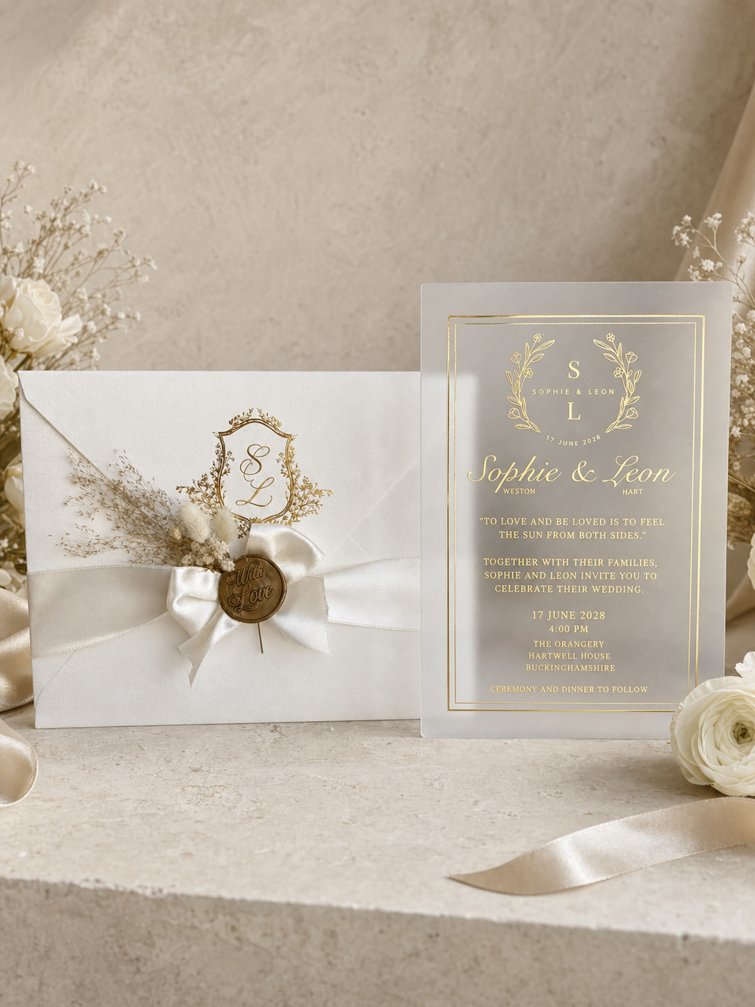 Vintage Wedding Invitation in Beige with Dried Flowers