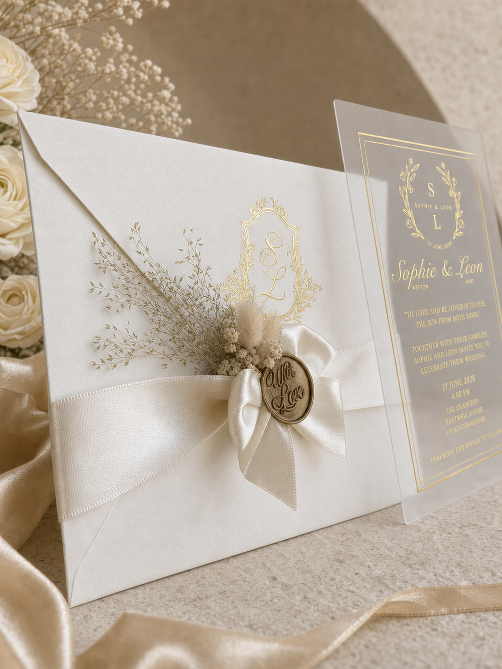 Vintage Wedding Invitation in Beige with Dried Flowers
