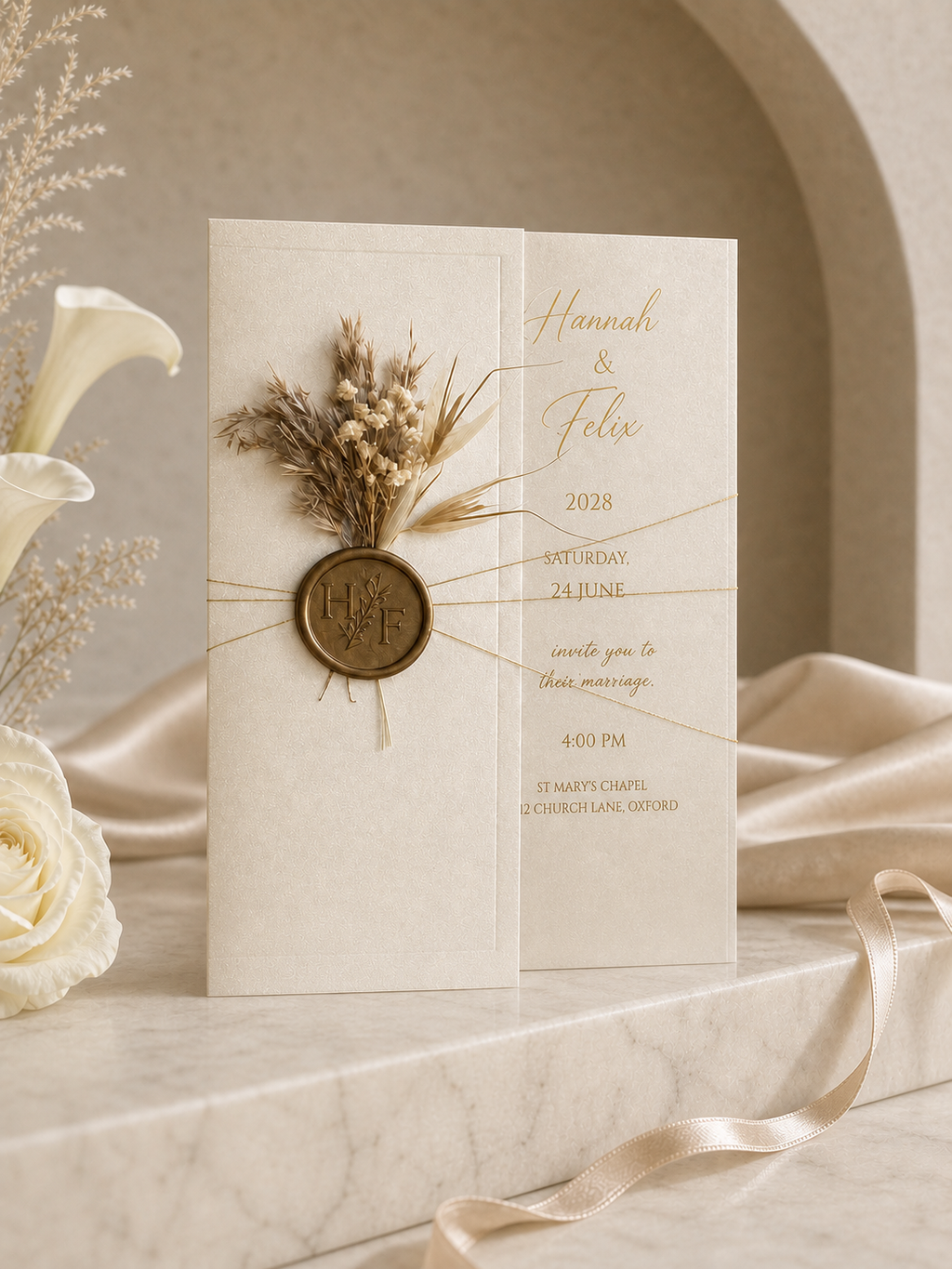 Invitation de mariage vintage en crème avec des fleurs séchées