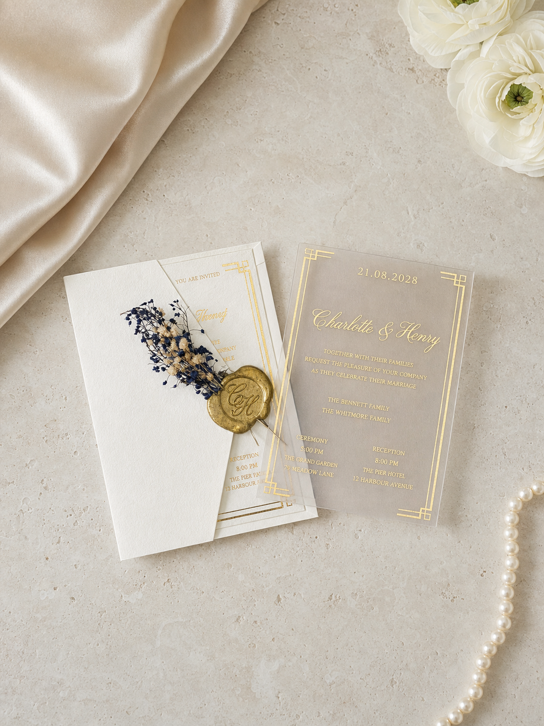 Vintage Wedding Invitation in White with Dried Flowers