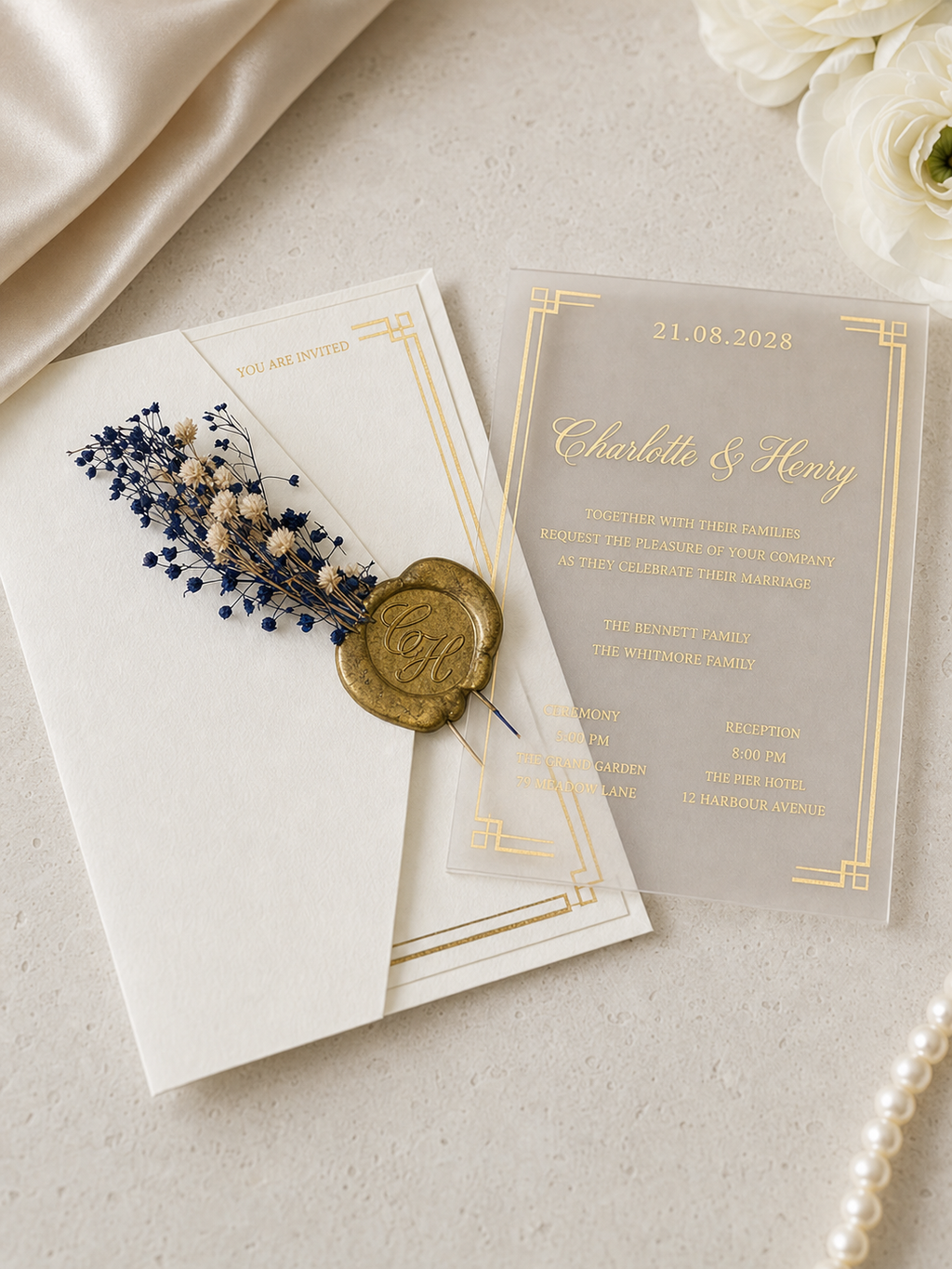 Vintage Wedding Invitation in White with Dried Flowers