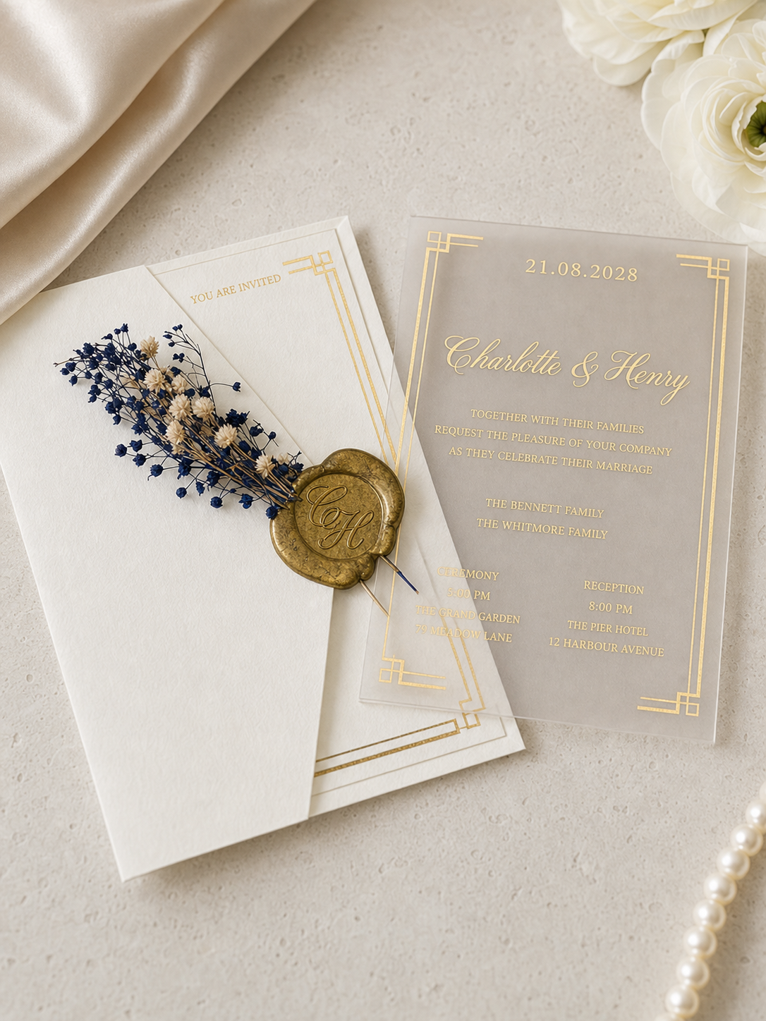 Vintage Wedding Invitation in White with Dried Flowers
