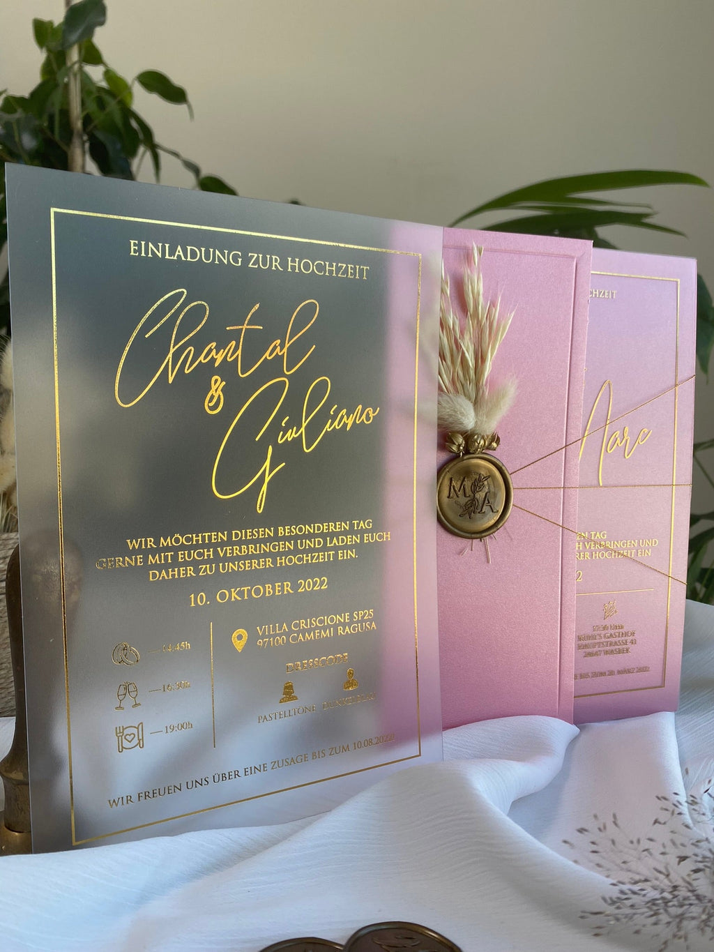 Classic Acrylic Wedding Invitation in Blush Pink with Dried Flowers