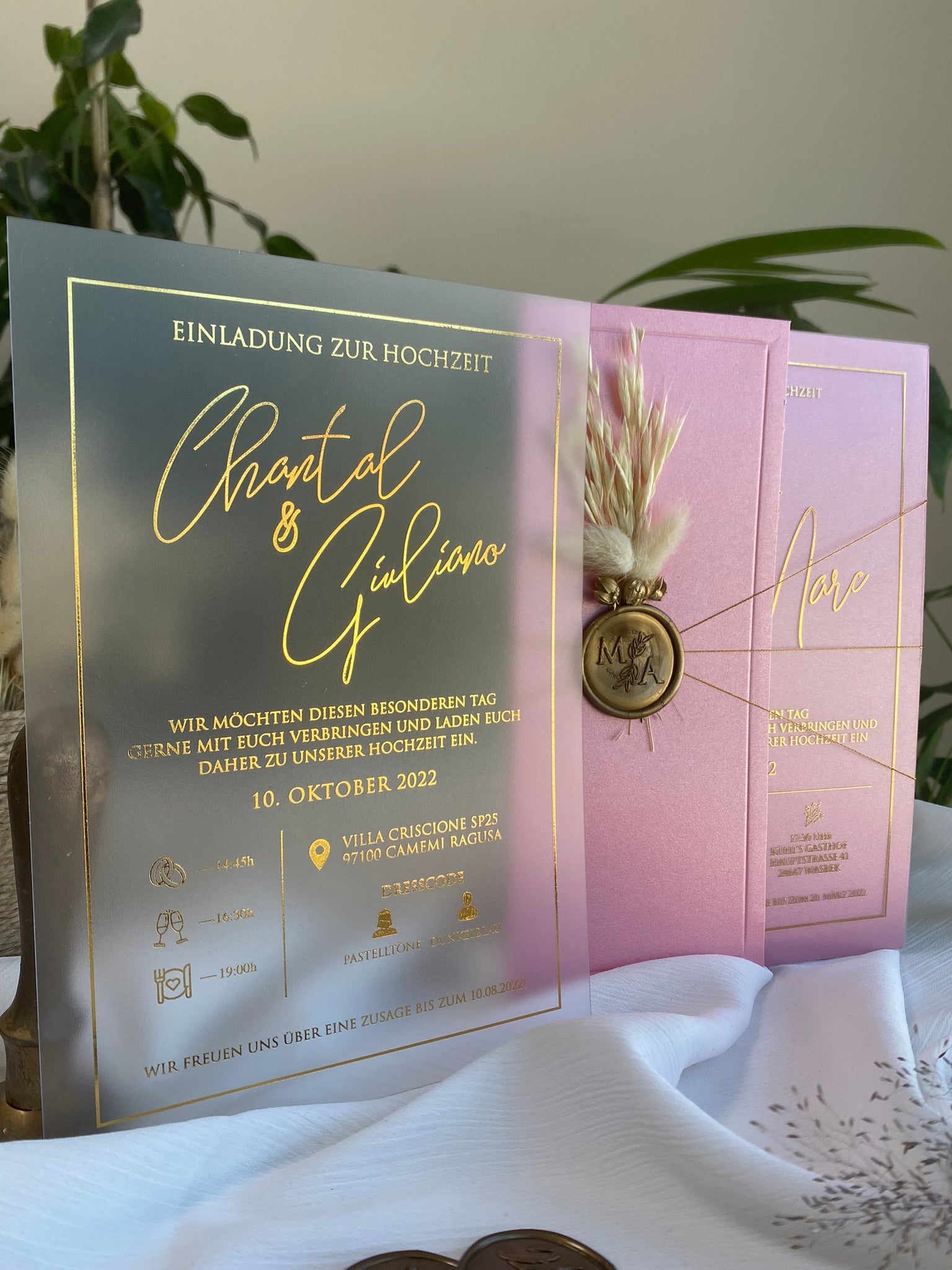 Classic Acrylic Wedding Invitation in Blush Pink with Dried Flowers