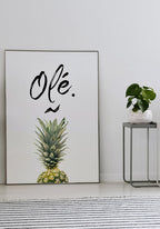 Pineapple Poster with Writing Olé on White Background
