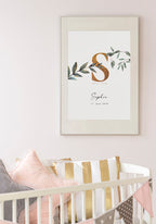 Babyposter mit Anfangsbuchstaben und Geburtsdaten über Babybett