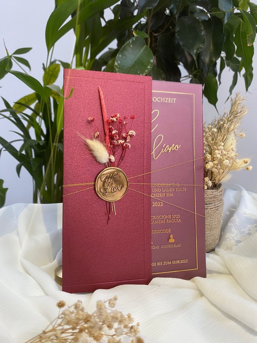 Luxury Acrylic Wedding Invitation in Burgundy with Dried Flowers