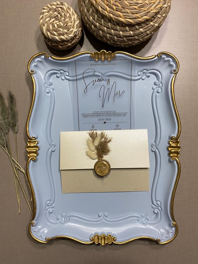 Vintage Wedding Invitation in Light Blue with Gold Bow