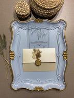 Vintage Wedding Invitation in Light Blue with Gold Bow