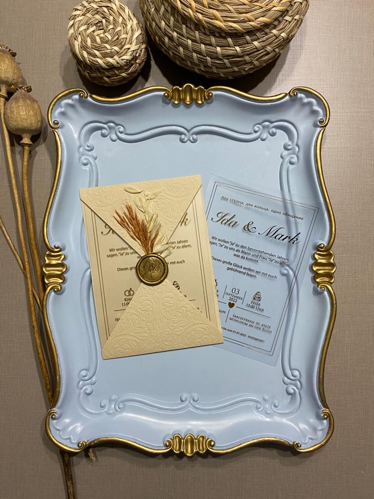 Vintage Wedding Invitation in Light Blue with Gold Butterfly