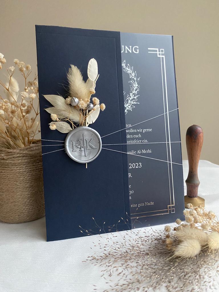 Classic Wedding Invitation in Navy Blue with Dried Flowers
