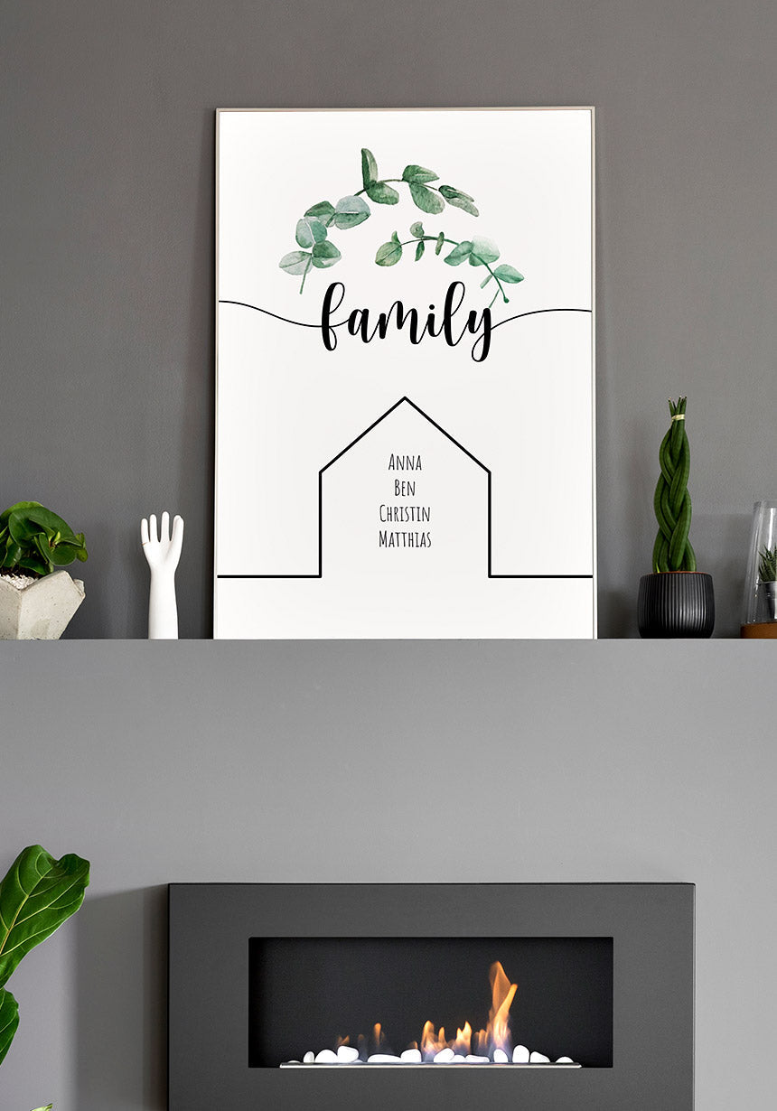 Personalisierbares Familien-Poster mit Eykalpytus über Kamin