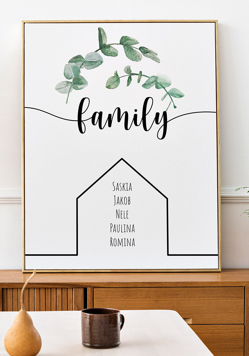 Personalisierbares Familien-Poster mit Eykalpytus auf Sideboard