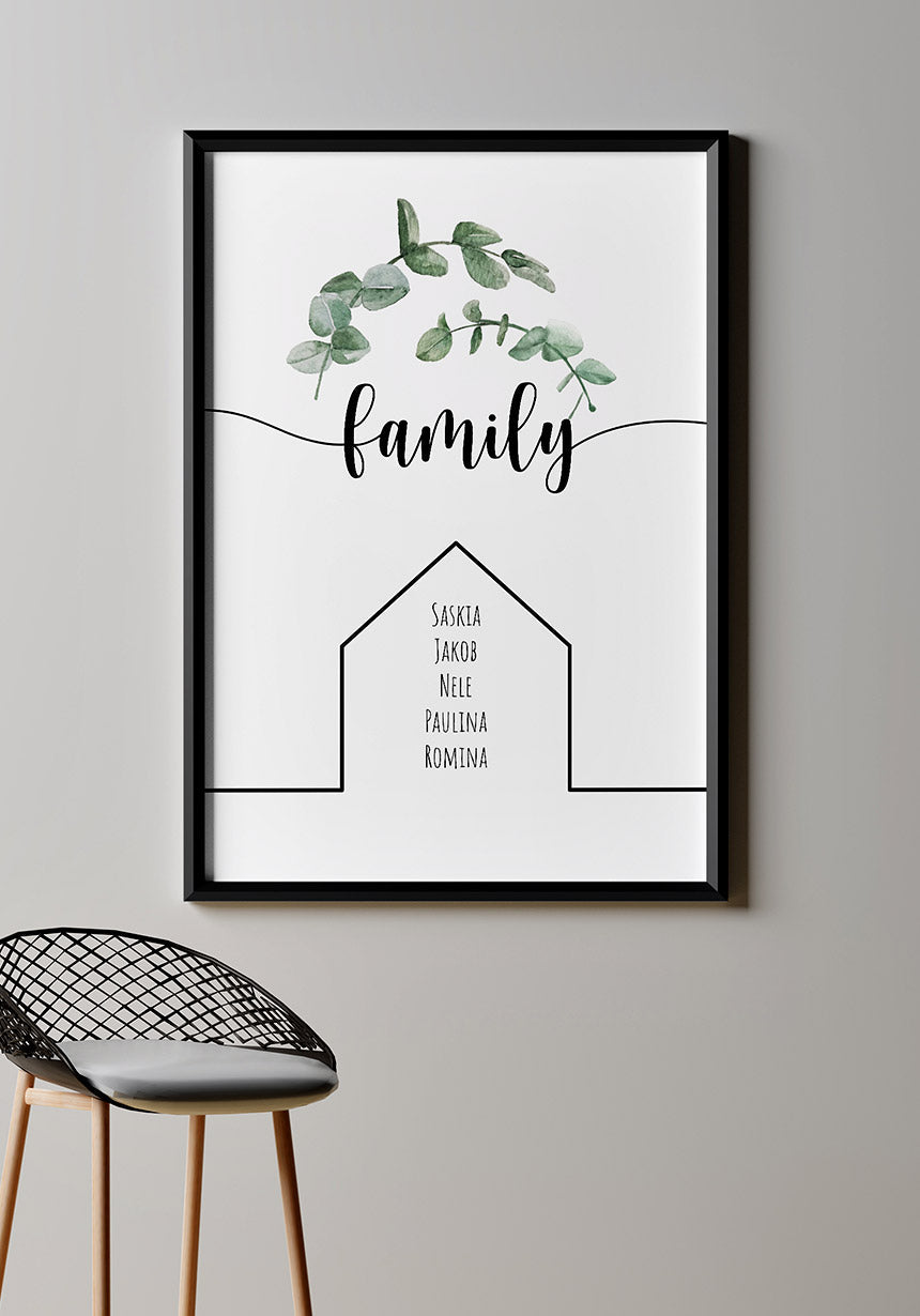 Personalisierbares Familien-Poster mit Eykalpytus an Wand