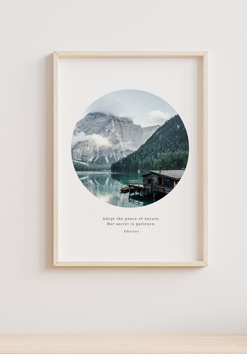 Photography Poster Quote Emerson Adopt the peace of nature in wooden frame